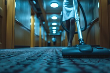 A woman is vacuuming a hallway. The hallway is dimly lit and the woman is wearing a white dress