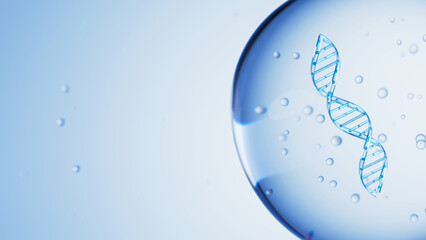 Wall Mural - DNA double helix strand in a cell on blue background. science and biotechnology concept. 3d render illustration