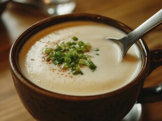 Canvas Print - A bowl of creamy soup with chopped green onions on top. The spoon is in the soup, ready to be used