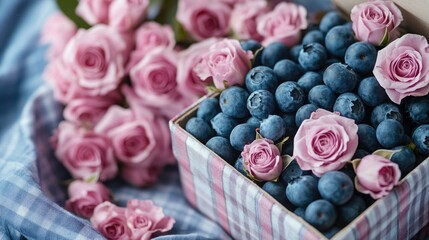 Sticker - A box of blueberries and pink roses