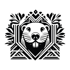 Mole with art deco decoration, stencil logo, black and white animal illustration