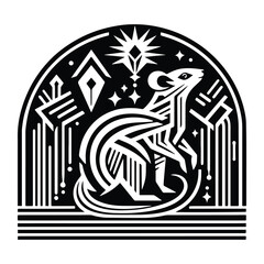 Numbat with art deco decoration, stencil logo, black and white animal illustration