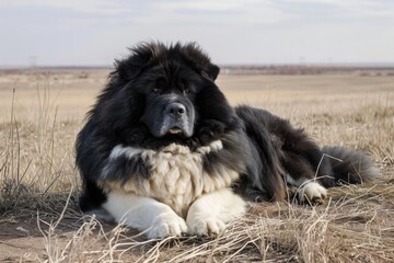 Wall Mural - A large black and white dog is laying in the grass. The dog is looking at the camera