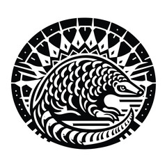 Pangolin with art deco decoration, stencil logo, black and white animal illustration