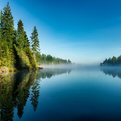 A calm lake surrounded by trees on a misty day, reflecting the blue sky and water