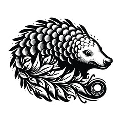 Wall Mural - Pangolin with victorian flourish decoration, stencil logo, black and white animal illustration