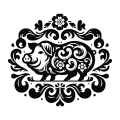 Wall Mural - Pig with victorian flourish decoration, stencil logo, black and white animal illustration