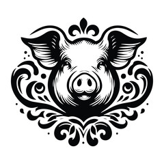 Wall Mural - Pig with victorian flourish decoration, stencil logo, black and white animal illustration