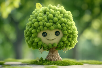 Cute 3D Cartoon Green Summer Tree Character, Adorable and Playful, Lush Green Colors