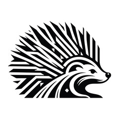 porcupine with art deco decoration, stencil logo, black and white animal illustration