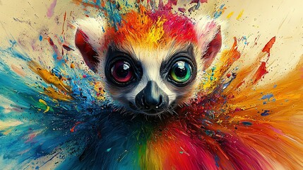 Canvas Print -   A vibrant depiction of a diminutive creature adorned with a kaleidoscope of hues across its visage and oculi