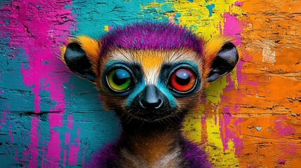 Canvas Print -   A close-up of a monkey with vibrant paint on its face and a brick wall in the backdrop