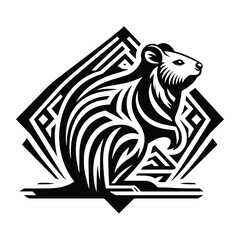 Quokka with art deco decoration, stencil logo, black and white animal illustration