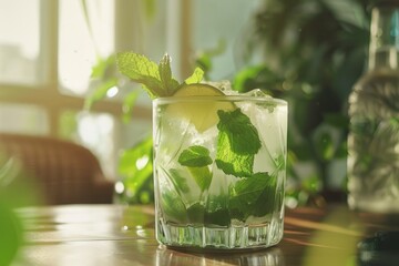 Wall Mural - A glass of green drink with a sprig of mint on top. The drink is served on a table in a room with a potted plant in the background