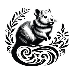 Wall Mural - Quokka with victorian flourish decoration, stencil logo, black and white animal illustration