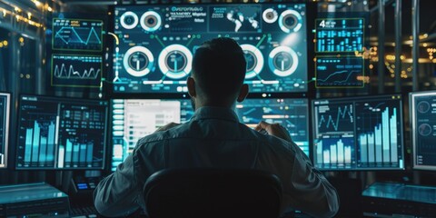 A man is sitting in front of a computer monitor with several screens displaying various graphs and numbers. The man is focused on the data displayed on the screens