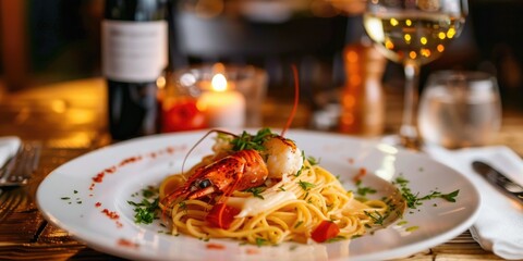 Wall Mural - A plate of pasta with a lobster on top and a bottle of wine next to it. Scene is elegant and sophisticated