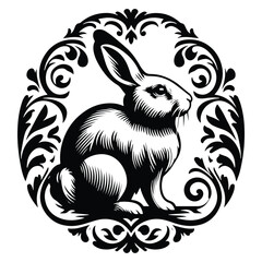 Wall Mural - Rabbit with victorian flourish decoration, stencil logo, black and white animal illustration