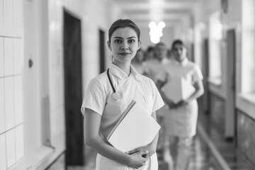 Wall Mural - A woman in a white uniform is holding a clipboard and smiling. She is surrounded by other people in white uniforms