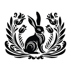 Wall Mural - Rabbit with victorian flourish decoration, stencil logo, black and white animal illustration