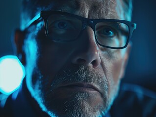 Poster - A man with glasses is staring at the camera. The image has a moody and mysterious feel to it