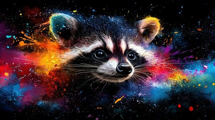 Wall Mural -   A vibrant raccoon portrait with splattered paint