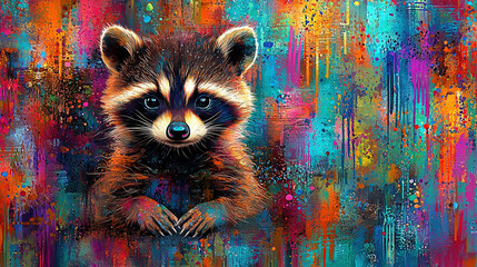 Wall Mural -   A painting of a raccoon emerging from a mosaic of vibrant splatter