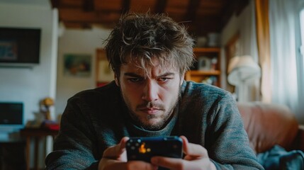 Wall Mural - A man is playing a video game on his phone while sitting on a couch. He is wearing a sweater and he is focused on the game