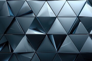 Sticker - A wall of triangles in a blue color. The triangles are cut out and overlapping each other. The wall is made of metal and has a modern look