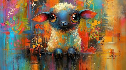 Wall Mural -   A lamb perched atop an art piece, appearing to have been crafted with acrylic paint