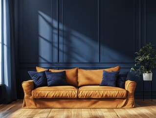 Wall Mural - A large orange couch sits in front of a blue wall. The couch is covered in pillows and a potted plant sits on a table in front of it. The room is bright and airy