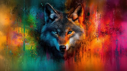 Canvas Print -   Blue-eyed wolf portrait with vibrant splatters of paint