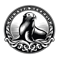 Wall Mural - Seal with victorian flourish decoration, stencil logo, black and white animal illustration