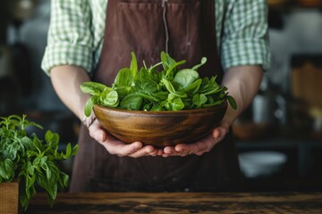 Wall Mural - A person is holding a bowl of greens in their hand. The greens are fresh and healthy, and the person is wearing an apron