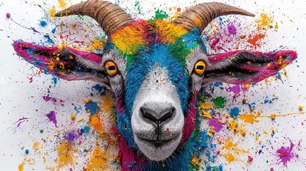 Canvas Print -   A detailed depiction of a goat's face, featuring intricate horns and vibrant paint splatters on its visage