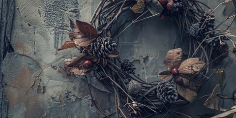 Wall Mural - A wreath made of pine needles and berries. The wreath is brown and green