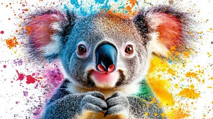 Sticker -   A close-up of a koala with paint splatters on its face against a white background