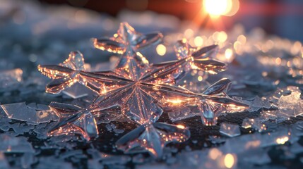 Sticker - A snowflake is on a surface with a lot of ice and snow. The snowflake is very clear and shiny, and it is surrounded by a lot of ice and snow. The image has a very serene and peaceful mood