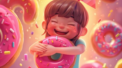 Wall Mural - A girl is holding a pink doughnut and smiling. The doughnuts are scattered around her, creating a fun and playful atmosphere