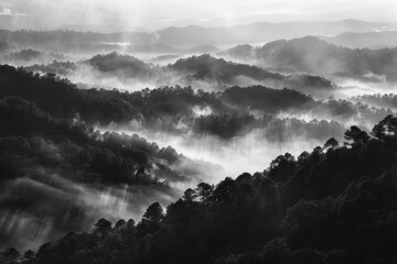 Sticker - The image is a black and white photo of a mountain range with foggy clouds. The clouds are scattered throughout the sky, and the mountains are covered in trees