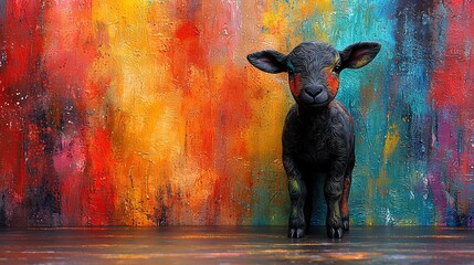 Wall Mural -   A black sheep stands in front of a multicolored wall featuring shades of red, yellow, and blue