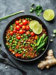 Poster - A black bowl filled with a colorful salad of beans, tomatoes, and lime. The bowl is placed on a table with a fork and a knife nearby. The salad is garnished with fresh herbs and a slice of ginger