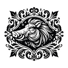 Wall Mural - Warthog with victorian flourish decoration, stencil logo, black and white animal illustration