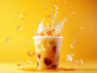 Wall Mural - A cup of ice tea with a straw in it is splashing water all over the table. Concept of fun and playfulness, as if the drink is being enjoyed in a lighthearted manner