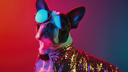 A dog is wearing sunglasses and a gold jacket. The dog is standing in front of a red background