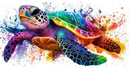   A close-up shot of a vibrantly colored turtle set against a pure white backdrop, adorned with specks of paint on its body