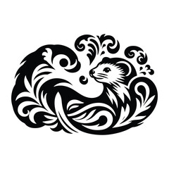 Wall Mural - Weasel with victorian flourish decoration, stencil logo, black and white animal illustration