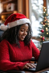 Sticker - A woman in a red sweater is sitting in a chair and using a laptop. She is smiling and she is enjoying herself