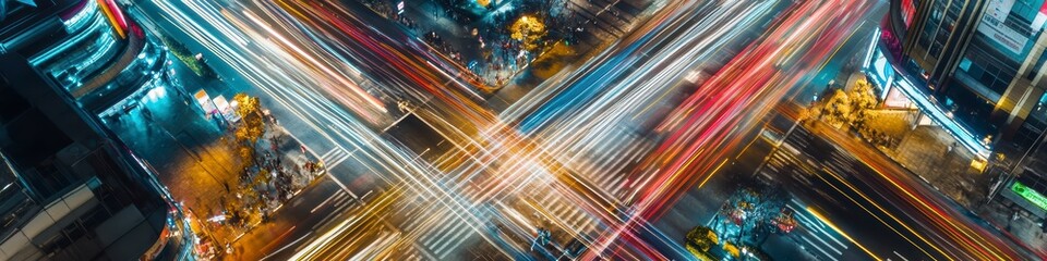 A busy city intersection at night, with the dynamic movement of vehicles, creates a fascinating pattern of light paths