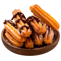 Churros with chocolate isolated on white or transparent background. Close-up Churros with chocolate in a wooden plate. Side view. Traditional Spanish dish.